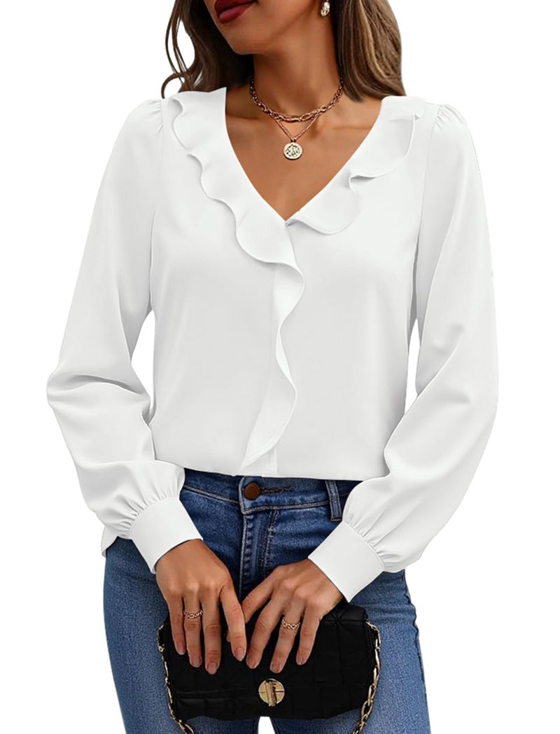 Halife Work Blouses for Women 2025 Office Long Sleeve Loose Business Casual Dressy Shirts White XL - Image 1