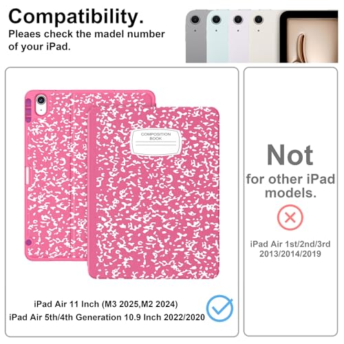 Supveco Case for iPad Air 11 Inch (M3 2025/M2 2024),iPad Air 5th/4th Generation 10.9 Inch 2022/2020 with Pencil Holder-[Auto Wake/Sleep],Premium Folio Stand Soft TPU Back Cover-Hot Pink - Image 2