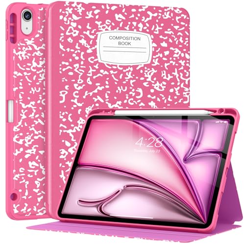 Supveco Case for iPad Air 11 Inch (M3 2025/M2 2024),iPad Air 5th/4th Generation 10.9 Inch 2022/2020 with Pencil Holder-[Auto Wake/Sleep],Premium Folio Stand Soft TPU Back Cover-Hot Pink - Image 1