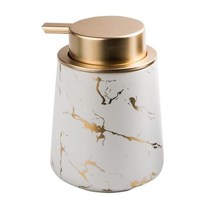 HAND SOAP DISPENSER MARBLE DISH SOAP DISPENSER COUNTERTOP HAND LOTION PUMP BOTTLES CERAMIC LOTION CONTAINER REFILLABLE LIQUID HAND SOAP JAR SHOWER DISPENSER FOR BATHROOM KITCHEN MARBLE MATTE WHITE