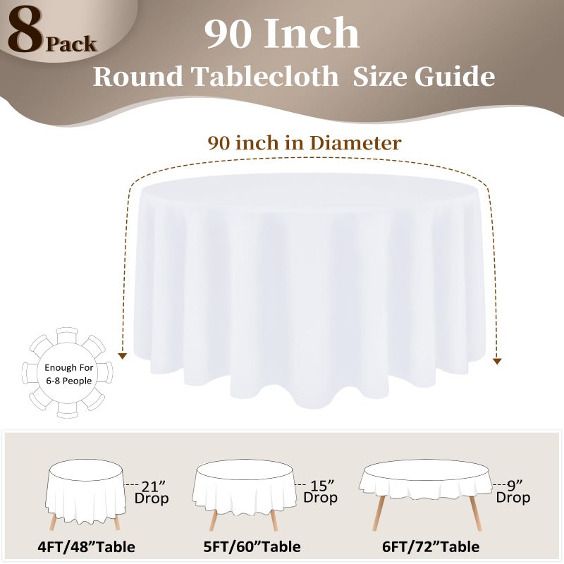 pepmily 8 Pack White Round Tablecloth 90 Inch Round Table Cloth, Wrinkle Resistant and Washable Tablecloth Polyester Fabric Table Cloth Round Cover for Dining Wedding Banquet Party - Image 2