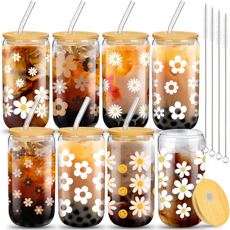 meekoo 8 Pcs Glass Cups with Bamboo Lids and Straws 16 oz Beer Can Shaped Iced Coffee Drinking Cup Employee Appreciation Gift for Wine Tea Water 4 Cleaning BrushesDaisy