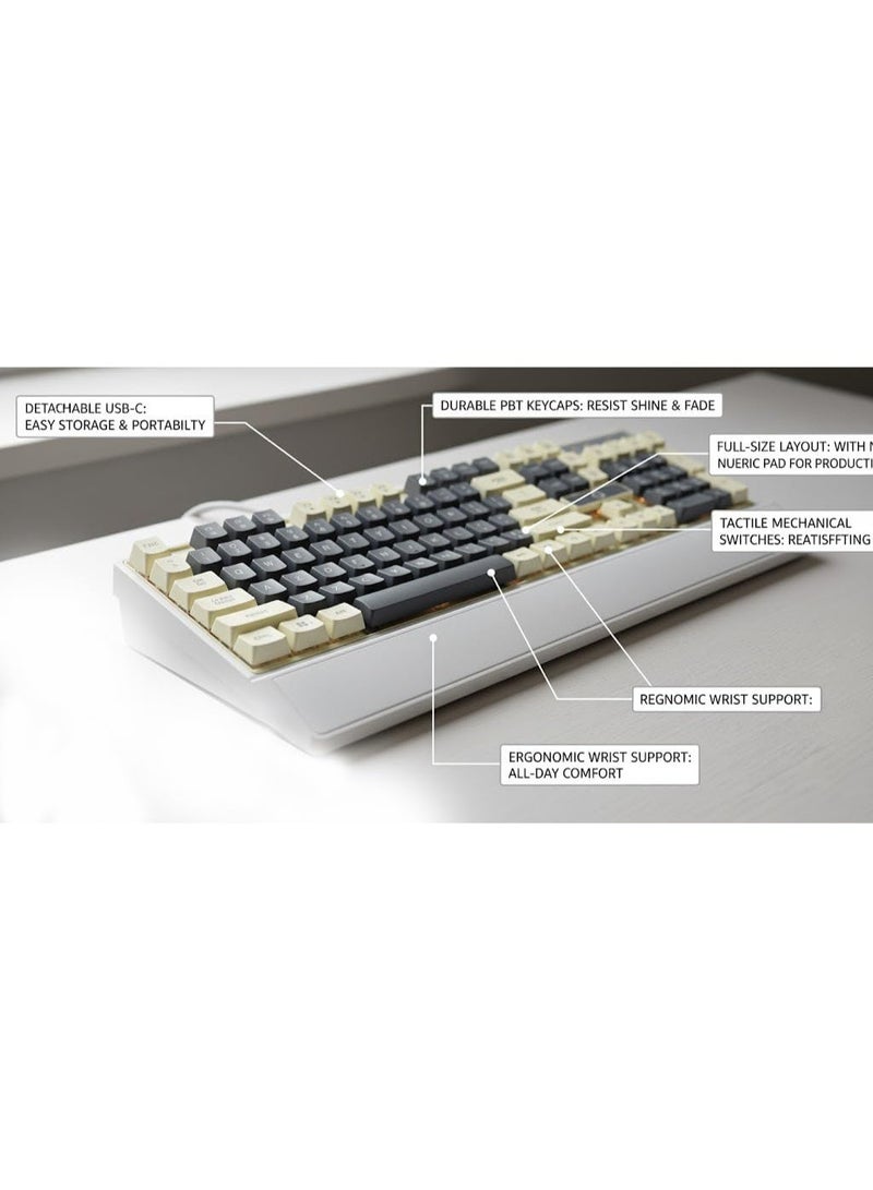 Premium Mechanical Gaming Keyboard (K6) with PBT Keycaps, Full-Size Layout, USB, Tactile Switches, Ergonomic Wrist Support, Grey and Cream Color Scheme - Image 3