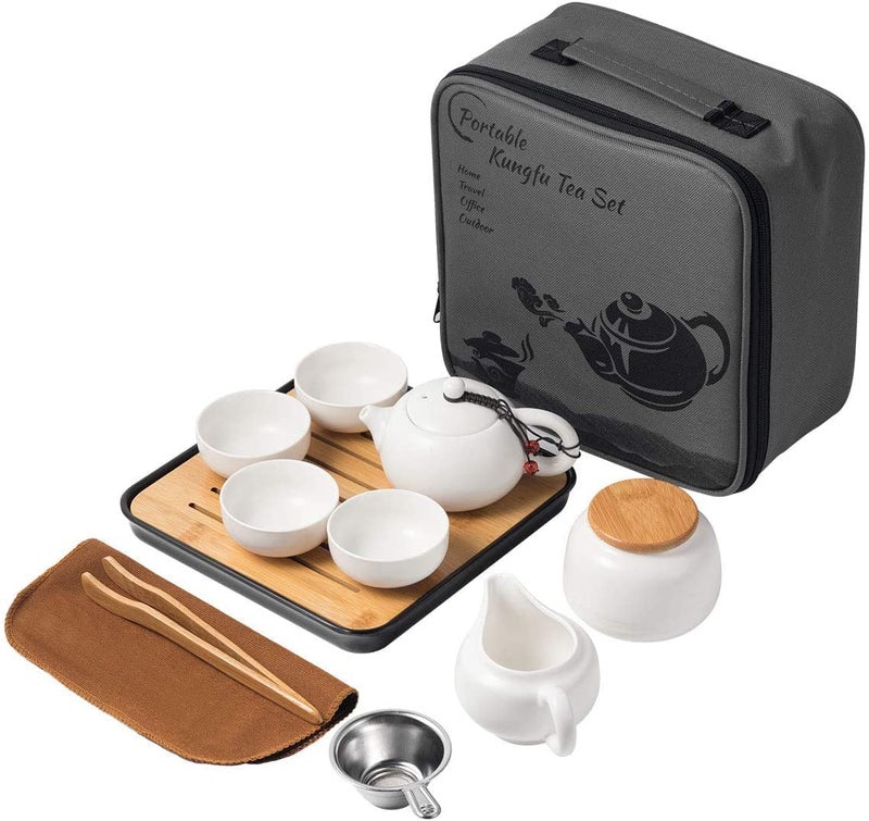 Lyty Chinese Tea Pot Cup Set with Tray Infuser Travel Ceramic Tea set Porcelain Teapot Portable All in One Bag for Outdoor Picnic Business Hotel White