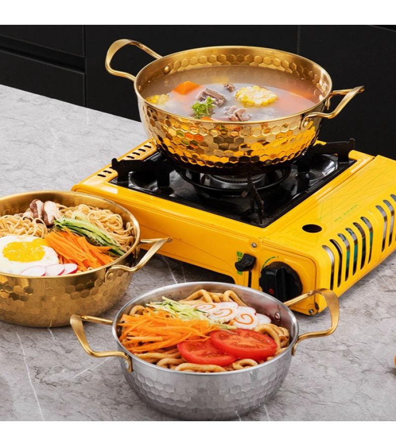 18-20-22cm Korean Style Soup Pot Set 6pc Stainless Steel Double Handle Hammered Induction Cooker Noodles - Image 4