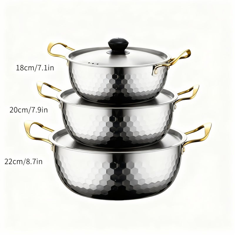 18-20-22cm Korean Style Soup Pot Set 6pc Stainless Steel Double Handle Hammered Induction Cooker Noodles - Image 1