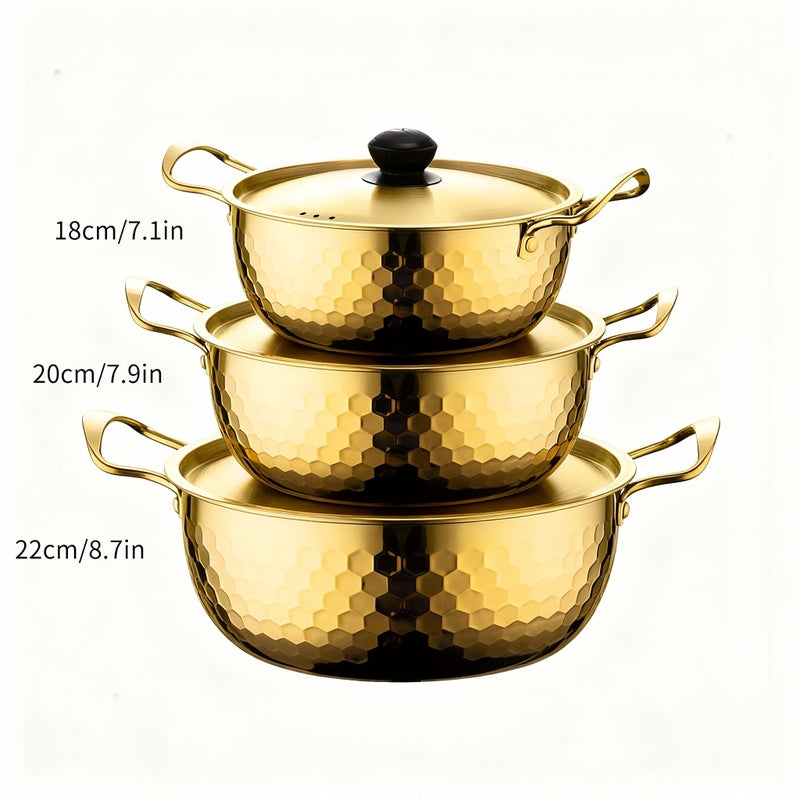 18-20-22cm Korean Style Soup Pot Set 6pc Stainless Steel Double Handle Hammered Induction Cooker Noodles - Image 3