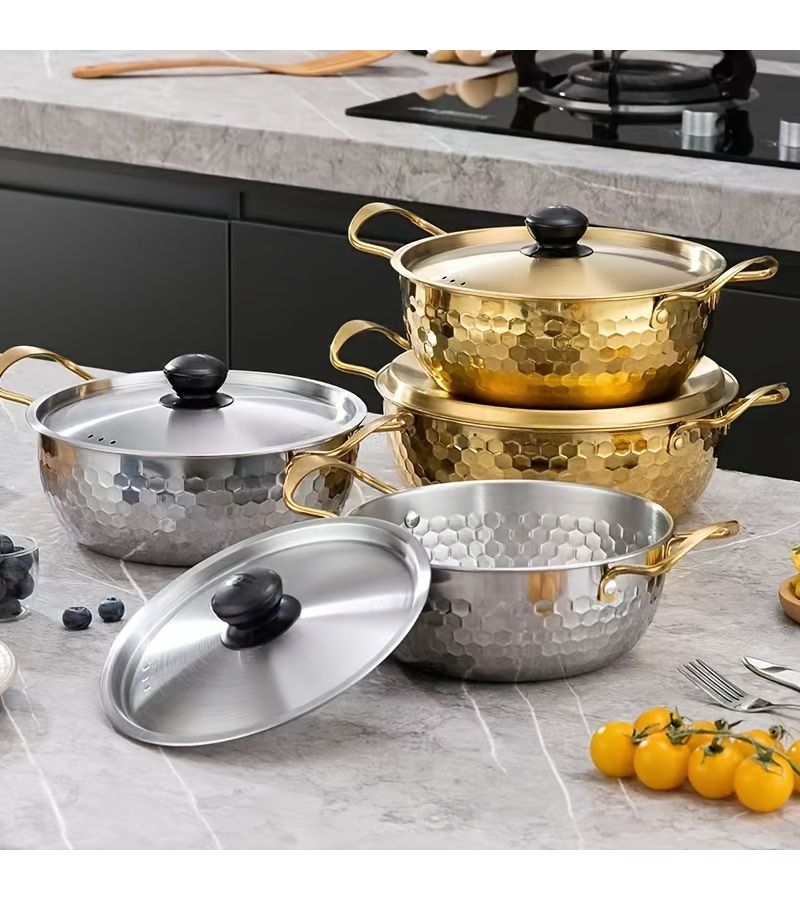 18-20-22cm Korean Style Soup Pot Set 6pc Stainless Steel Double Handle Hammered Induction Cooker Noodles - Image 2