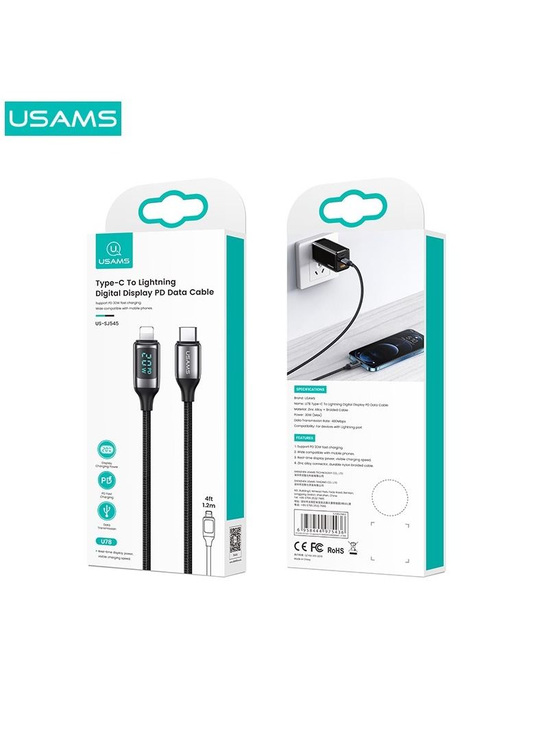 Usams iPhone Charger Cable With LED Display 1.2M Type C to Lightning Cable Fast Charger Power Delivery PD 18W iPhone Cable for iPhone SE 3/13 Pro/13 Pro Max/13/13 mini, ipad 9, 12 mini/12/12 Pro, 11/11Pro  - Image 4