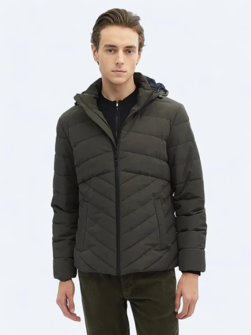 Kip Khaki Regular Fit Hooded Casual Weaving Coat