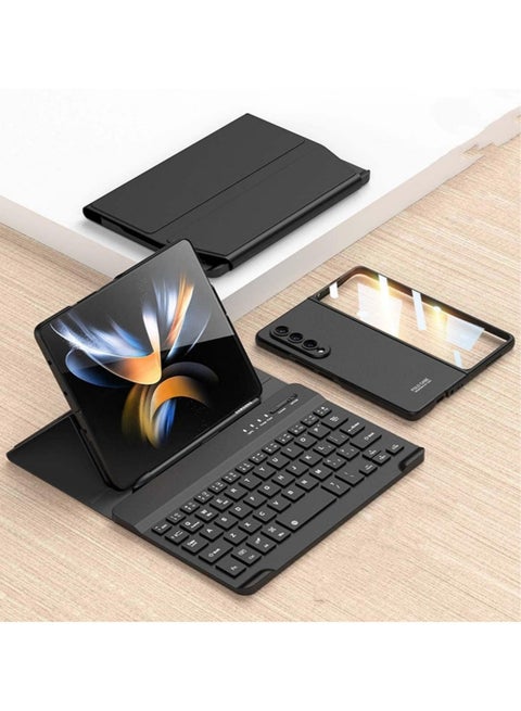 Samsung Galaxy Z Fold 4/ Z Fold 3 Phone Keyboard Shell + Phone Case,Deformable Folding Detachable Bluetooth Keyboard Holster Leather Keyboard Stand Cover