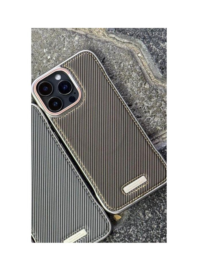 Leather Case for Iphone 16pro max  , Metal Camera Hole Protective Phone Cover Luxury Plating Edge Slim Casein golden - Image 1