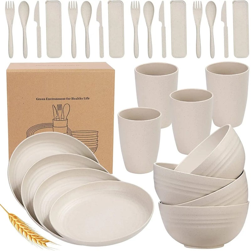Ash & Roh 28 pcs Unbreakable and Reusable Plastic Dinnerware Set, Dinner Plates,Snack Bowls, Camping Cups with Kitchen Set - Image 1