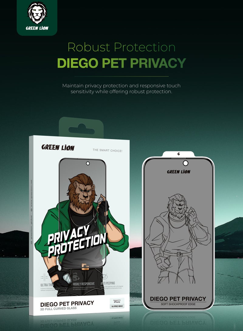 GREEN LION iPhone 16 Pro Max Screen Protector / Diego Pet Privacy Full Curved Glass / Anti Peeping / Anti Fingerprint / Anti Scratch / Anti Shatter Soft Edge / Grease Resistance / Highly Responsive - Black Edge/Privacy - Image 1