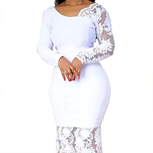 Cololura Women Elegant Floral Lace Patchwork Long Sleeve Evening Gown Party Cocktail Bodycon Dress White - Image 3