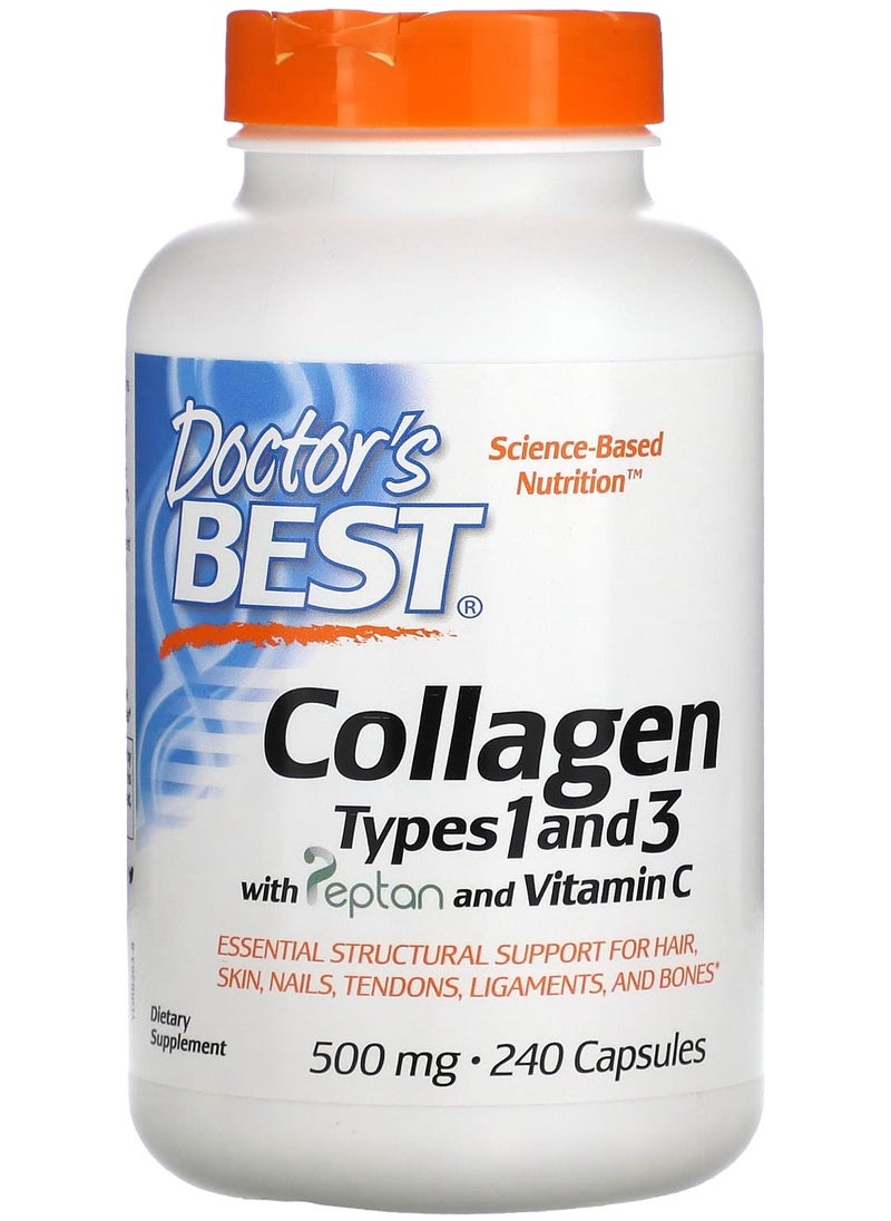 Doctor's BEST Collagen Types 1 and 3 with Peptan and Vitamin C, 500 mg, 240 Capsules (125 mg per Capsule) 
