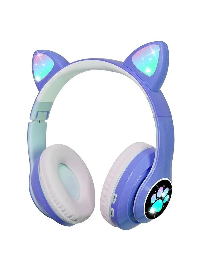STN-28 Wireless Kids Headphones Over-Ear, Foldable, Leatherette, Soft Cat Ears with LED Light, Wireless Sound for Kids, Bluetooth 5.0 Headphone for Tablet/Cell Phone/PC (Purple) - Image 1
