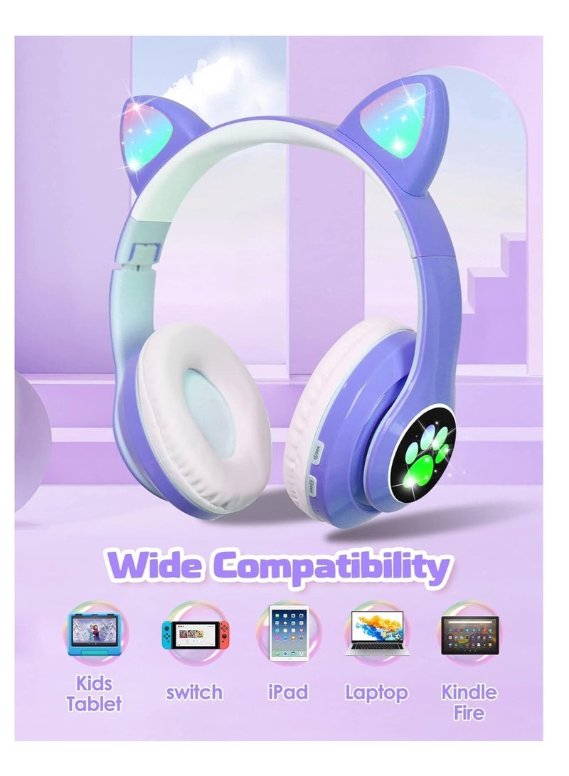 STN-28 Wireless Kids Headphones Over-Ear, Foldable, Leatherette, Soft Cat Ears with LED Light, Wireless Sound for Kids, Bluetooth 5.0 Headphone for Tablet/Cell Phone/PC (Purple) - Image 2