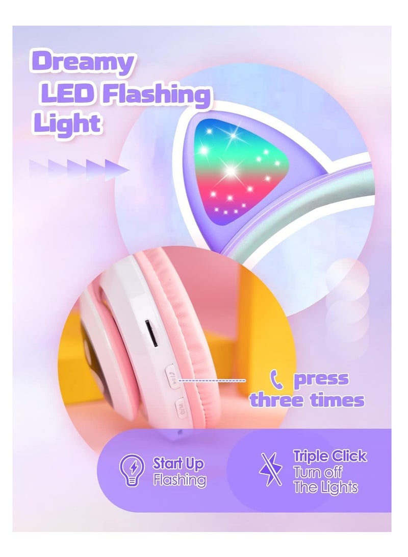 STN-28 Wireless Kids Headphones Over-Ear, Foldable, Leatherette, Soft Cat Ears with LED Light, Wireless Sound for Kids, Bluetooth 5.0 Headphone for Tablet/Cell Phone/PC (Purple) - Image 3