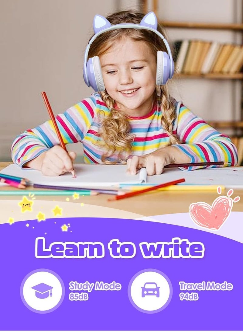 STN-28 Wireless Kids Headphones Over-Ear, Foldable, Leatherette, Soft Cat Ears with LED Light, Wireless Sound for Kids, Bluetooth 5.0 Headphone for Tablet/Cell Phone/PC (Purple) - Image 4