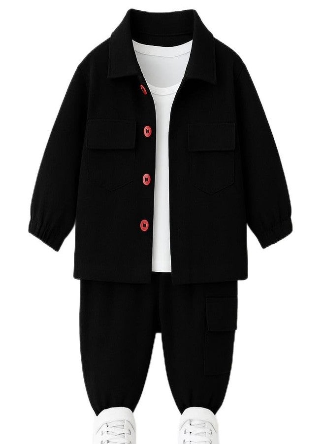 ocvito Kids Boys black Stylish Shirt & Pant Clothing Set, Solid Casual Outfit with Front Button Shirt & Elastic Waist Pants, Comfortable Party & Dress for Kids5-6 years - Image 1