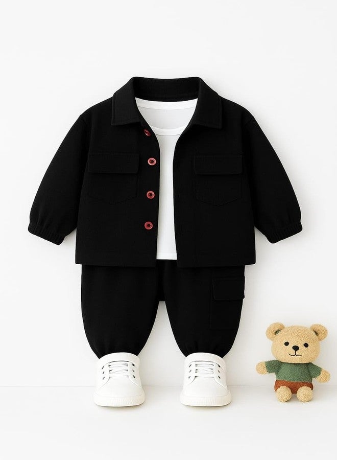 ocvito Kids Boys black Stylish Shirt & Pant Clothing Set, Solid Casual Outfit with Front Button Shirt & Elastic Waist Pants, Comfortable Party & Dress for Kids5-6 years - Image 2