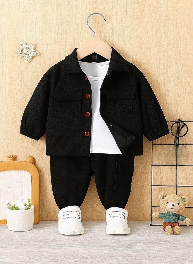 ocvito Kids Boys black Stylish Shirt & Pant Clothing Set, Solid Casual Outfit with Front Button Shirt & Elastic Waist Pants, Comfortable Party & Dress for Kids5-6 years - Image 3
