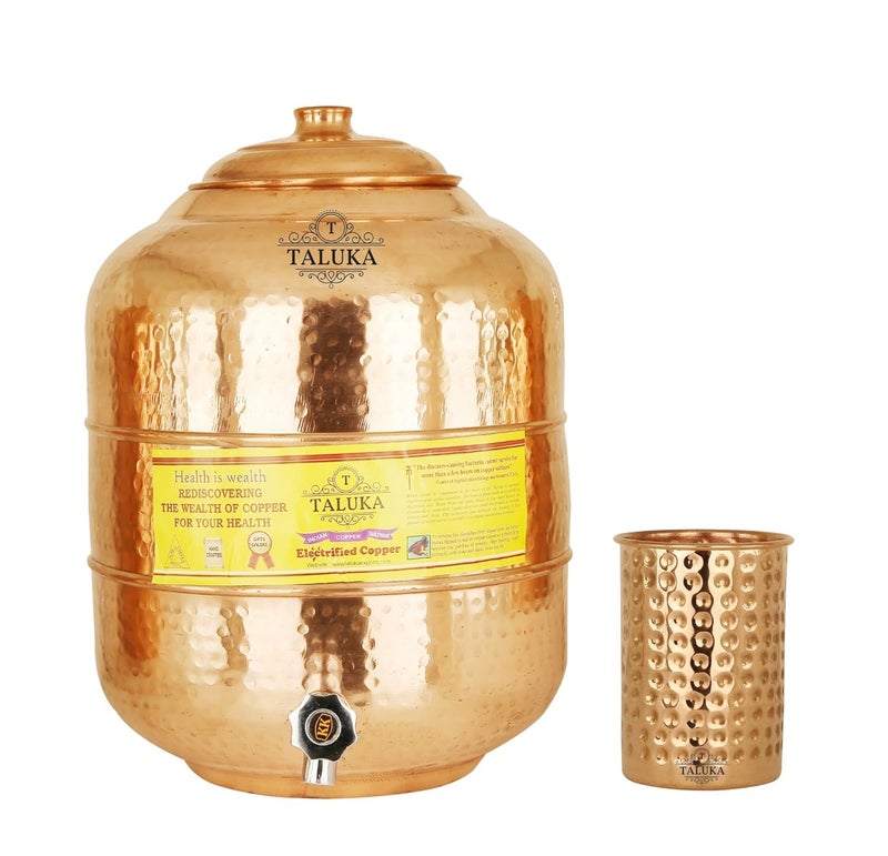 Taluka Taluka Copper Hammer Water Pot Tank Dispenser with Glass Brown 2 Piece  - Image 1