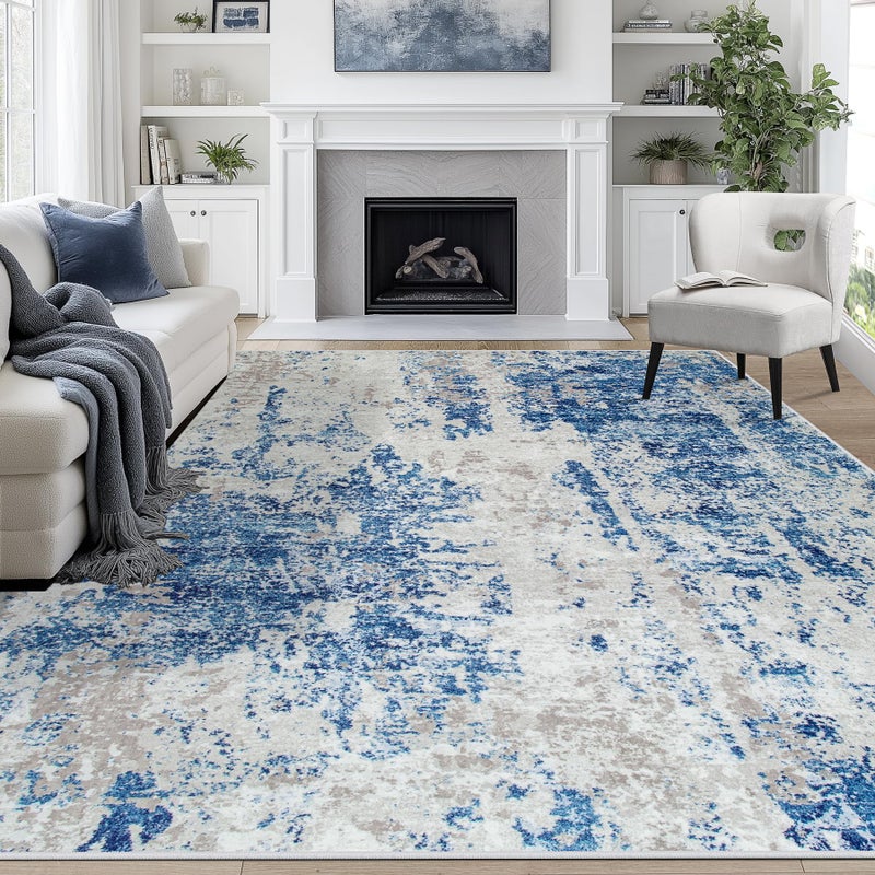 Aelenmu 9x12 Area Rugs for Living Room Rug Washable: Abstract Large Rug for Dining Room Bedroom Carpet Non Slip 9 by 12 Indoor Modern Nursery Home Office Blue Grey White - Image 1