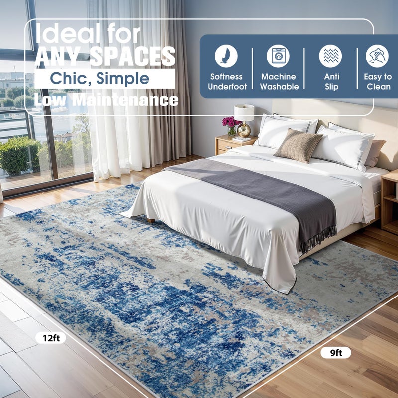 Aelenmu 9x12 Area Rugs for Living Room Rug Washable: Abstract Large Rug for Dining Room Bedroom Carpet Non Slip 9 by 12 Indoor Modern Nursery Home Office Blue Grey White - Image 2