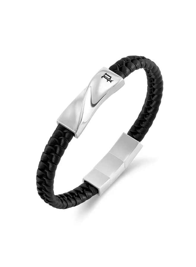 POLICE Contorto Black Braided Leather Bracelet for Men
