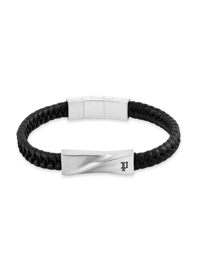 POLICE Contorto Black Braided Leather Bracelet for Men