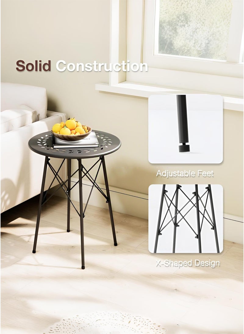 وين هولدر طاولة قهوة مستديرة مع نحت من الحديد المطاوع، طاولة جانبية صغيرة لغرفة المعيشة والمنزل، طاولة خدمة دائرية معدنية بزاوية بسيطة وحديثة، طاولة قهوة خارجية مقاومة للصدأ، أسود 40 × 40 × 49 سم - Image 1