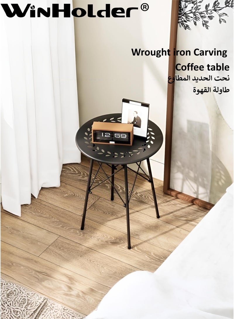وين هولدر طاولة قهوة مستديرة مع نحت من الحديد المطاوع، طاولة جانبية صغيرة لغرفة المعيشة والمنزل، طاولة خدمة دائرية معدنية بزاوية بسيطة وحديثة، طاولة قهوة خارجية مقاومة للصدأ، أسود 40 × 40 × 49 سم - Image 2