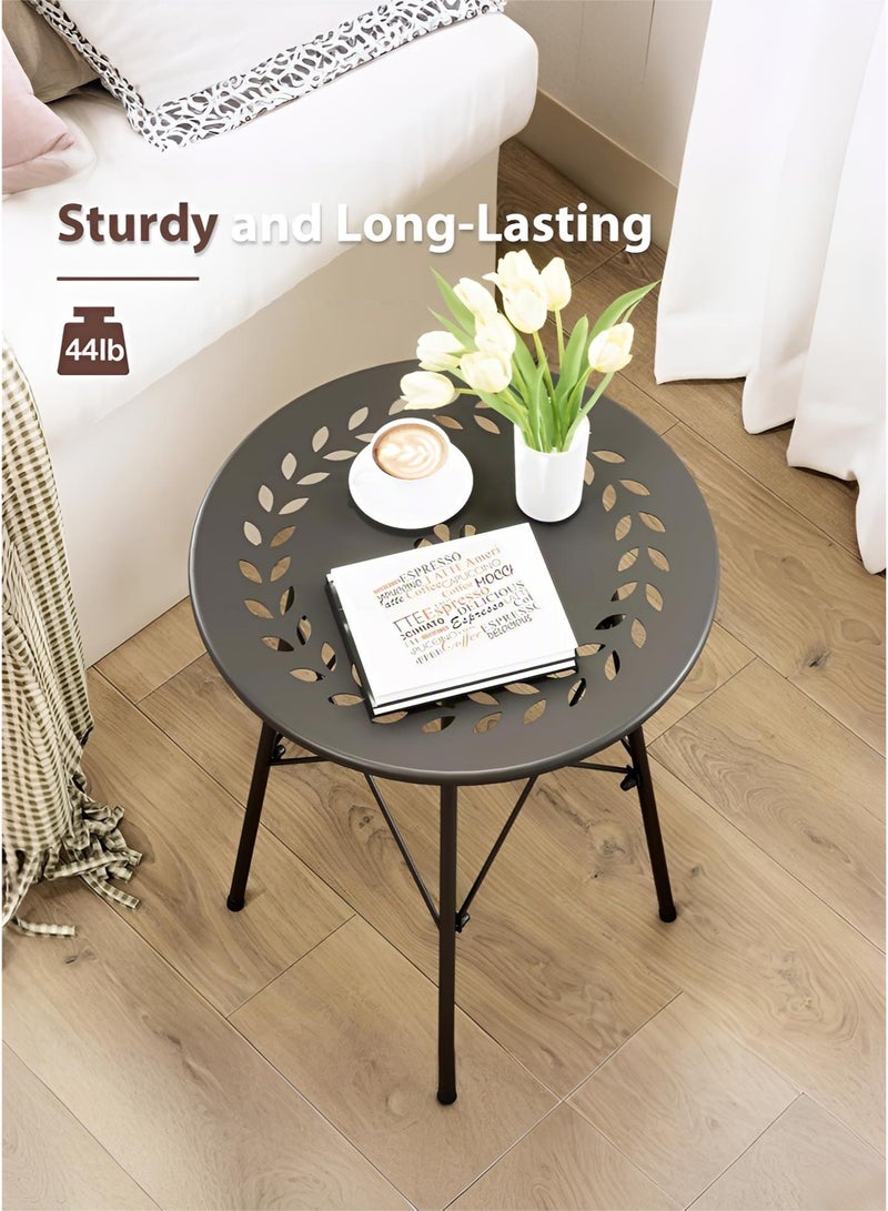 وين هولدر طاولة قهوة مستديرة مع نحت من الحديد المطاوع، طاولة جانبية صغيرة لغرفة المعيشة والمنزل، طاولة خدمة دائرية معدنية بزاوية بسيطة وحديثة، طاولة قهوة خارجية مقاومة للصدأ، أسود 40 × 40 × 49 سم - Image 3
