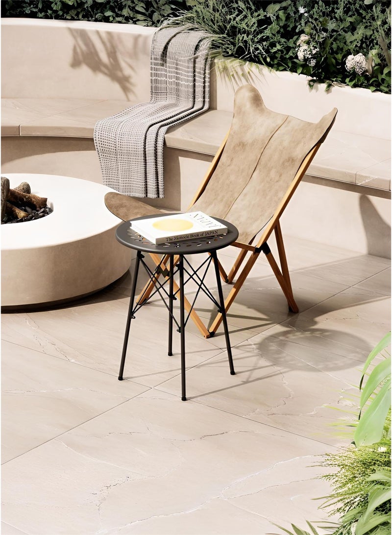 وين هولدر طاولة قهوة مستديرة مع نحت من الحديد المطاوع، طاولة جانبية صغيرة لغرفة المعيشة والمنزل، طاولة خدمة دائرية معدنية بزاوية بسيطة وحديثة، طاولة قهوة خارجية مقاومة للصدأ، أسود 40 × 40 × 49 سم - Image 4