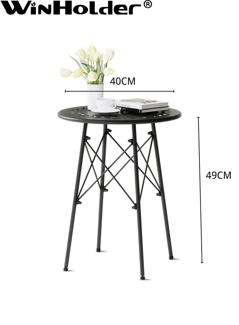 وين هولدر طاولة قهوة مستديرة مع نحت من الحديد المطاوع، طاولة جانبية صغيرة لغرفة المعيشة والمنزل، طاولة خدمة دائرية معدنية بزاوية بسيطة وحديثة، طاولة قهوة خارجية مقاومة للصدأ، أسود 40 × 40 × 49 سم - Image 5