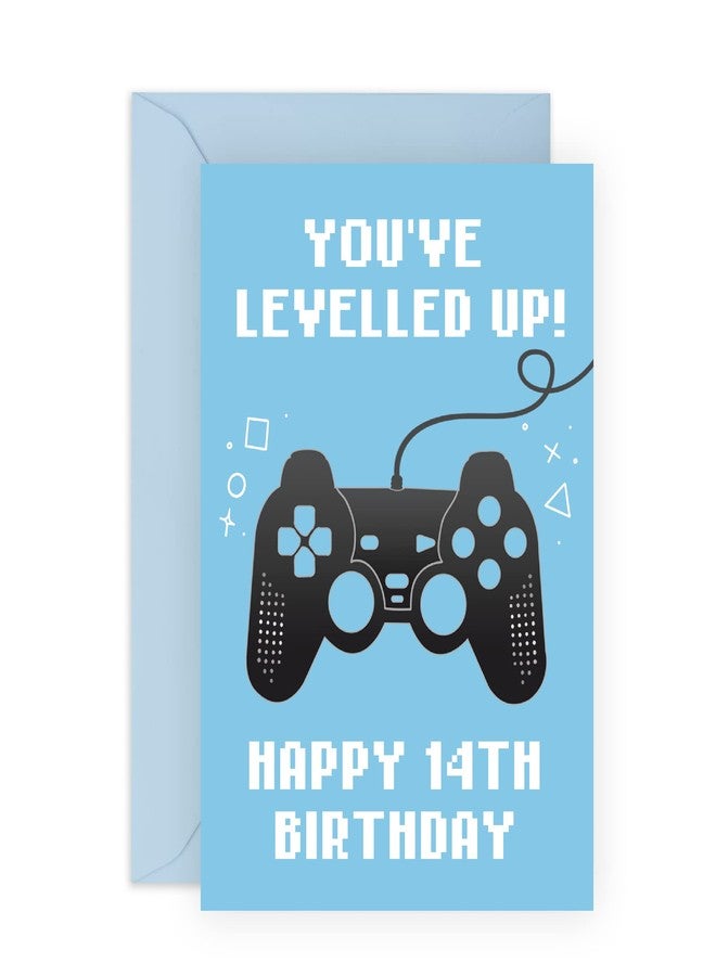 CENTRAL 23 Fun 14th Birthday Card for Boys - 'You've Levelled Up!' - Happy Fourteenth Birthday - Fourteen Year Old - Age 14 - Blue Greeting Card for Gamers - For Teenager - Son, Grandson, Him - Image 1