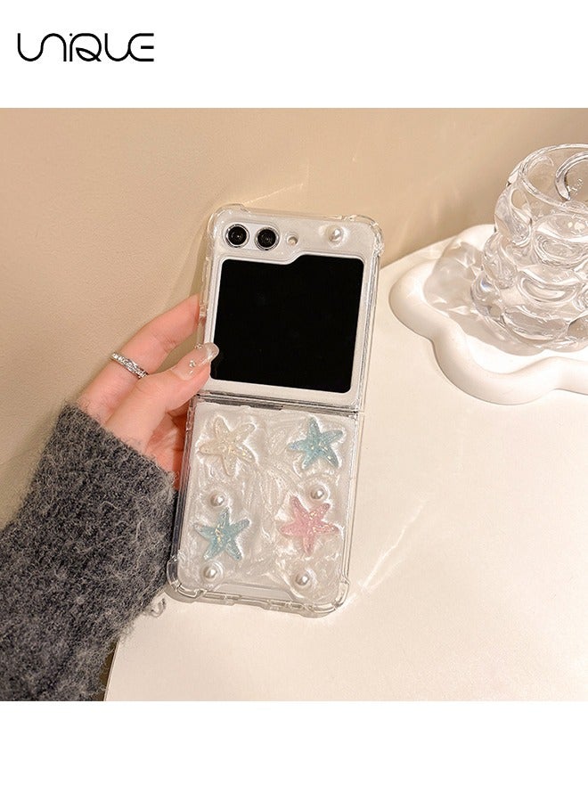 Unique For Samsung Z Flip 5 Phone Case - Glitter Starfish Pearl Phone Case - Transparent Design Sparkling 3D Pearl Starfish Aesthetic Phone Case - TPU Drop Resistant Shock Phone Case - Image 3