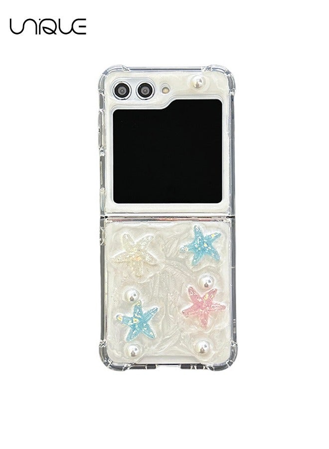 Unique For Samsung Z Flip 5 Phone Case - Glitter Starfish Pearl Phone Case - Transparent Design Sparkling 3D Pearl Starfish Aesthetic Phone Case - TPU Drop Resistant Shock Phone Case - Image 1