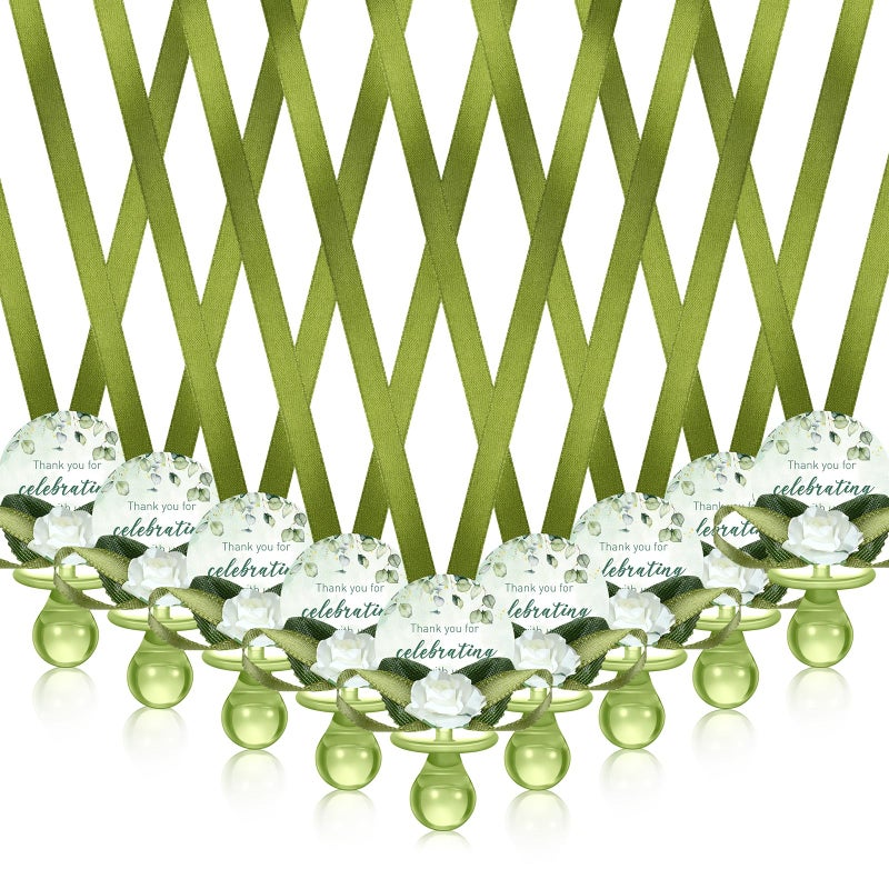Coume 48 Pcs Sage Green Baby Shower Favors Acrylic Pacifier Necklace Thank You Gift Bulk with Cards for Guests Prizes Baby Shower Games Favors - Image 2