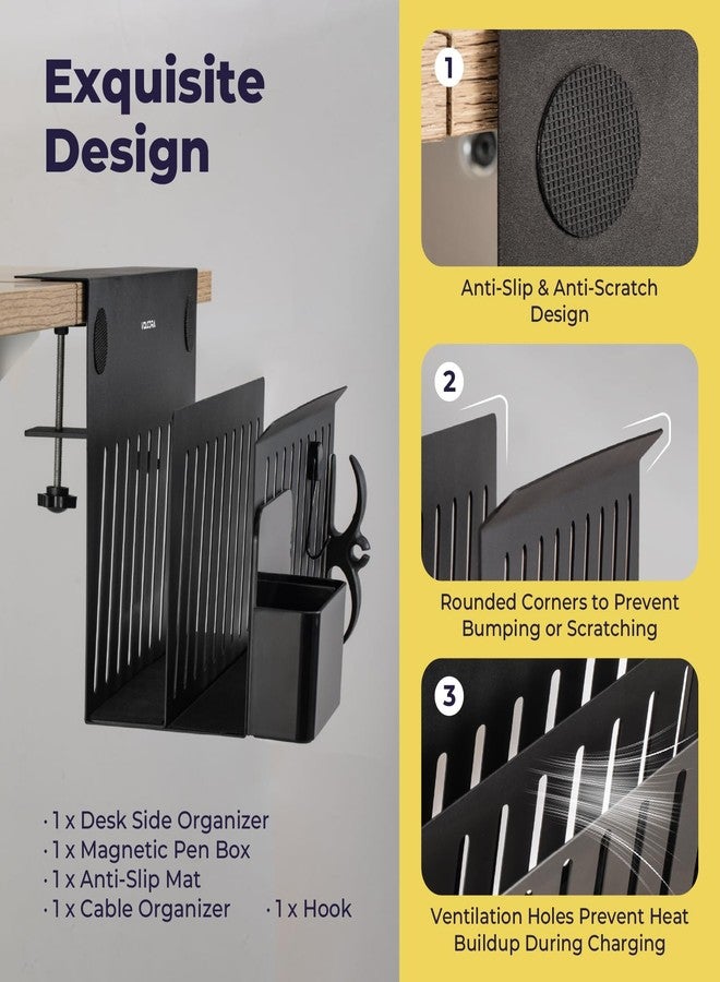 Volcora Side Storage, Under Laptop Holder, No Drill Organizer with Magnetic Pen Box, Cable Clamp, Hanging Organizer, Desk Mount File Holder for Office and Home, 2 Tier Black - Image 4