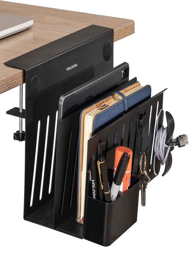 Volcora Side Storage, Under Laptop Holder, No Drill Organizer with Magnetic Pen Box, Cable Clamp, Hanging Organizer, Desk Mount File Holder for Office and Home, 2 Tier Black - Image 1