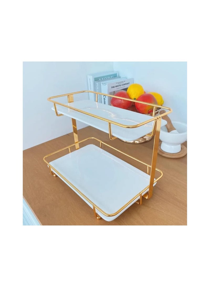 AtrauX - 2 Tier Ceramic Storage Rack Shelf Countertop Tray, Cosmetics Makeup Toiletries Perfume Jewelry Storage Rack Dresser, Vanity Storage Rack, White (31*20*23cm) - Image 1