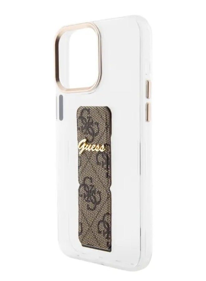 GUESS iPhone 15 Pro  Grip stand Clear Back Cover with 4G Script Logo - Brown - Image 4