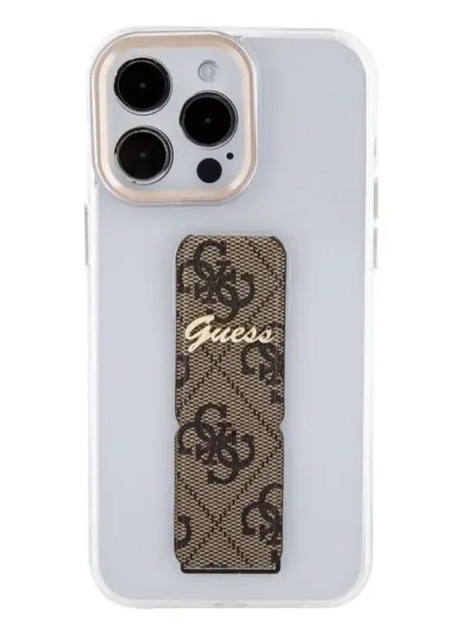 GUESS iPhone 15 Pro  Grip stand Clear Back Cover with 4G Script Logo - Brown - Image 1