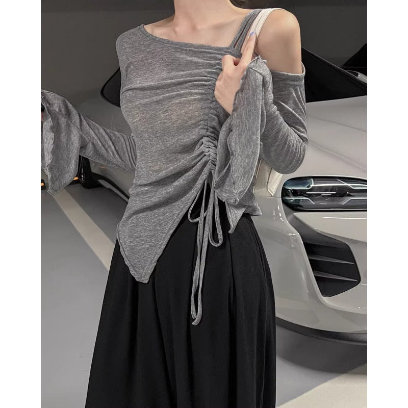South Korea Dongdaemun Pure Sweet Wind Blogger Wearing Design Pleated Shoulder Drawstring Tape T-Shirt Trendy - Image 1