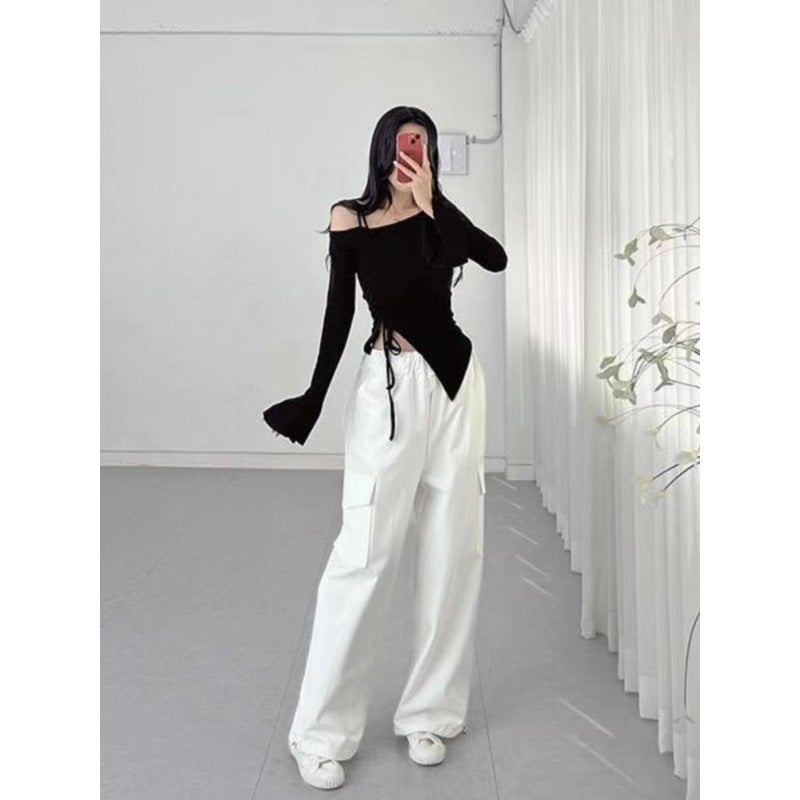 South Korea Dongdaemun Pure Sweet Wind Blogger Wearing Design Pleated Shoulder Drawstring Tape T-Shirt Trendy - Image 5