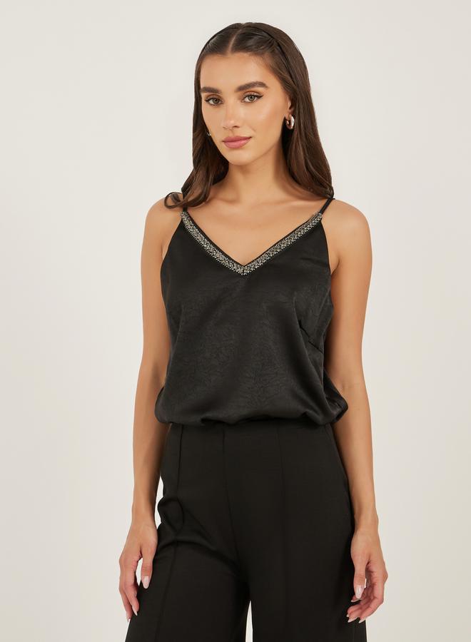 Styli Textured Embellished V Neck Cami Top  - Image 1
