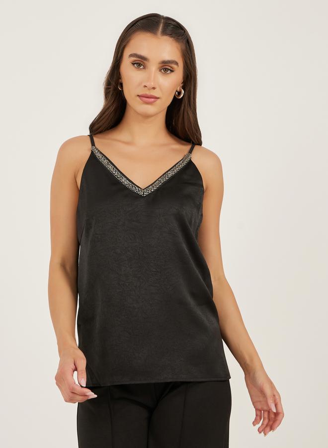Styli Textured Embellished V Neck Cami Top  - Image 2